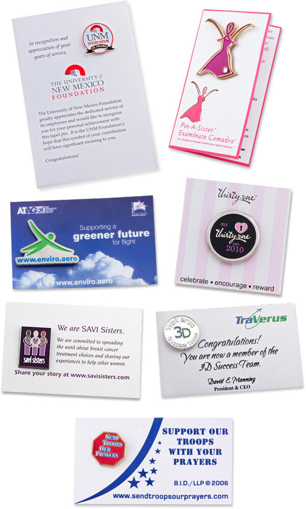 Custom lapel pins mounted on printed cardstock backing cards