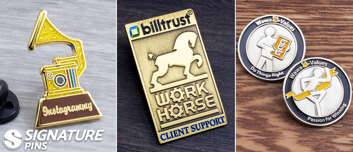 Custom corporate lapel pins celebrating employee milestone achievements