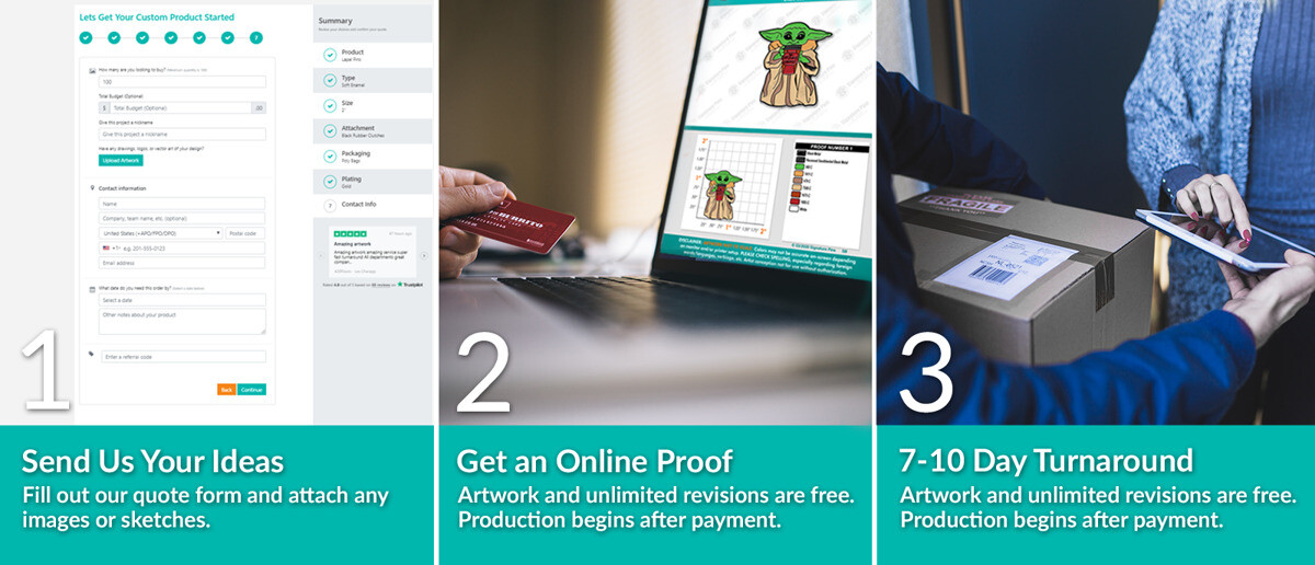 Custom lapel pin ordering process — quote, proof, and delivery in three easy steps