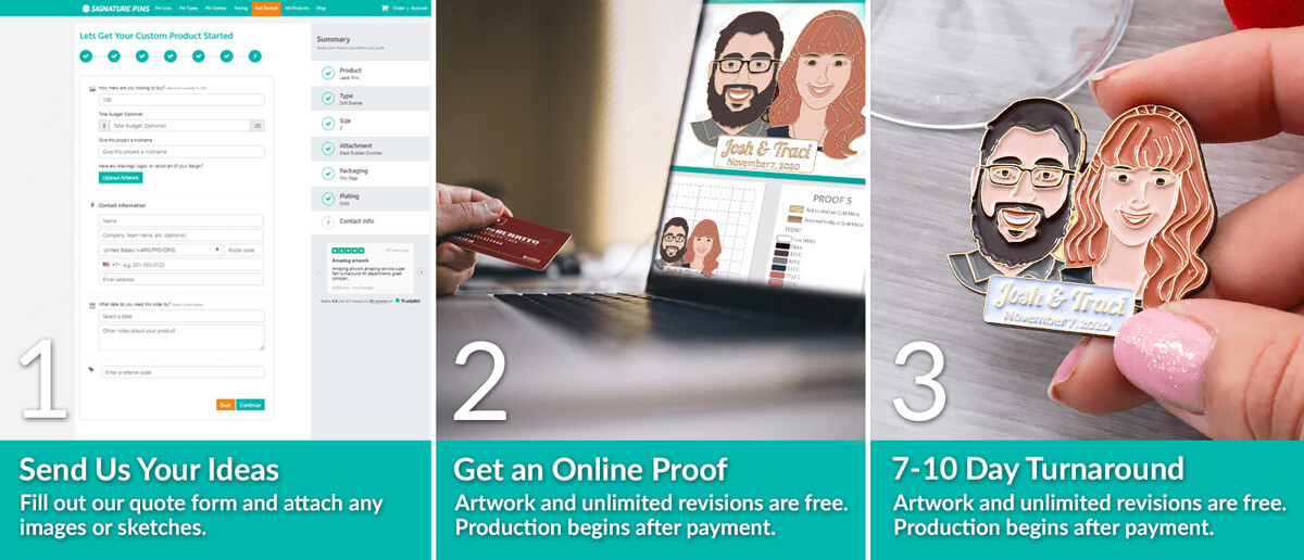 Three-step ordering process: send your ideas via the quote form, get a free online proof from our art team, and receive your finished pins in 7-10 days