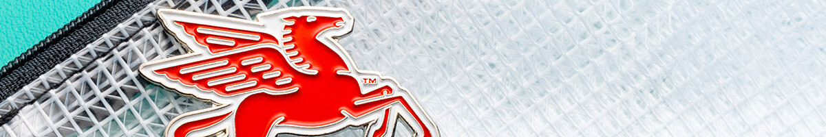 Red pegasus logo enamel pin with white outline in a clear zippered pouch