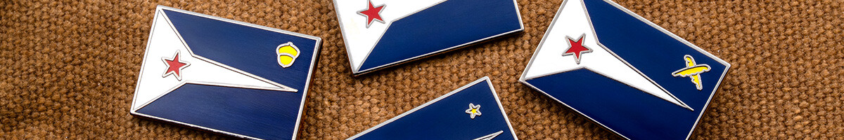 Four navy and white pennant-shaped flag pins with red star, acorn and yellow emblem variations on tan canvas