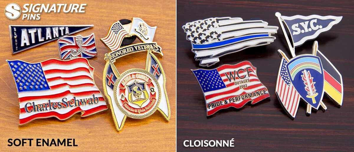 Comparison of soft enamel and cloisonne American flag pins showing texture differences
