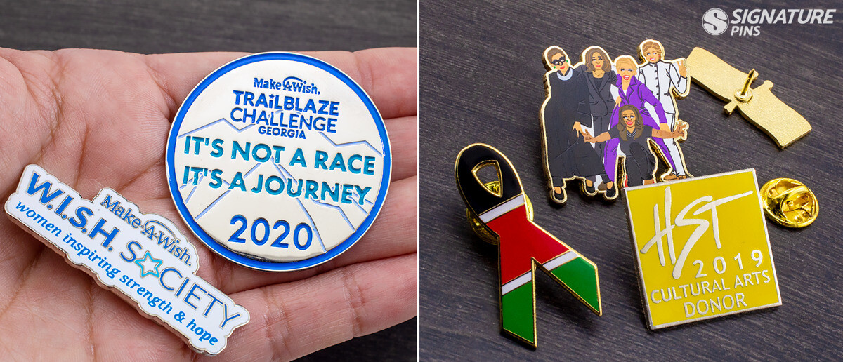 Assortment of custom nonprofit enamel pins including make-a-wish, political, and donor recognition lapel pins