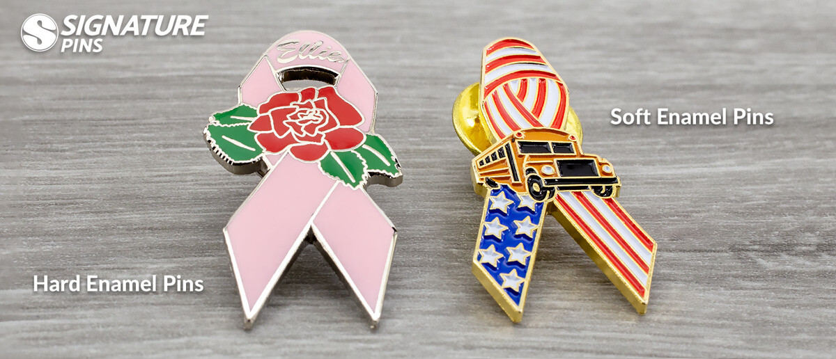 Side-by-side comparison of soft enamel and hard enamel nonprofit fundraising lapel pins