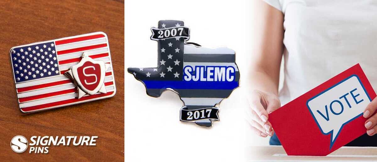 American flag pin with Signature Pins logo, Texas-shaped SJLEMC thin blue line pin commemorating 2007-2017, and person casting a vote