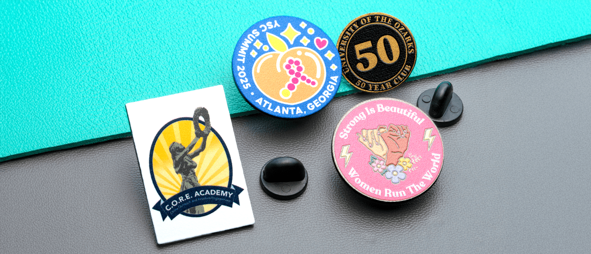 Custom made in USA rush pins in round and rectangle shapes including YSC Summit Atlanta, University of the Ozarks 50 Year Club, and Women Run the World designs